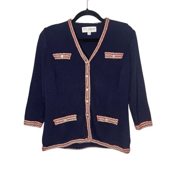 St. John Collection Women’s Small Knit Blazer Jacket Navy V-Neck - Picture 1 of 6